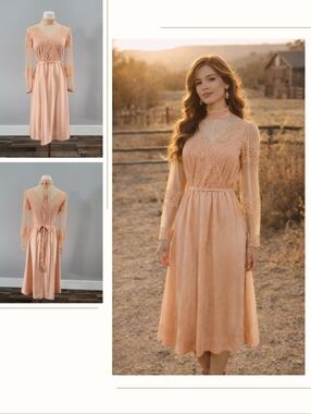 Vintage 70s Lace Swiss Dot High Neck Victorian Dress Peach Small
